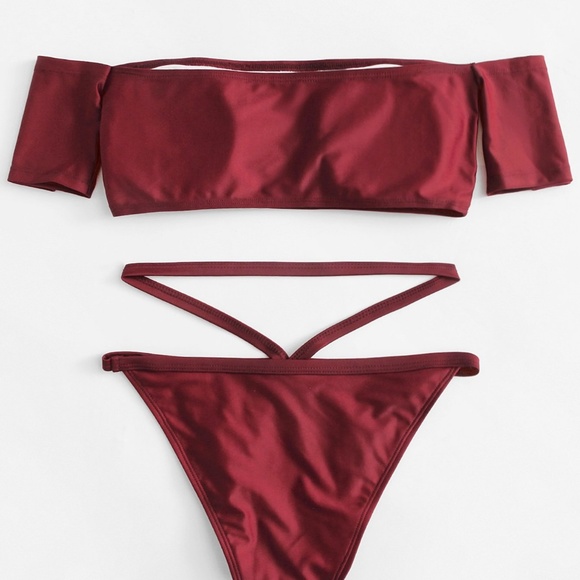 Red Off Shoulder Bikini Set - Picture 2 of 4